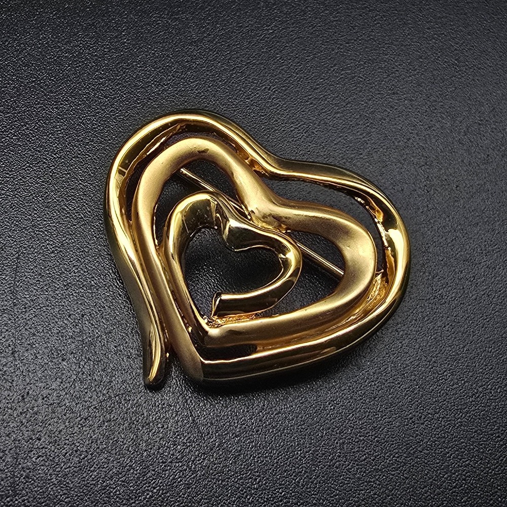 Gold Tone Open Work Heart Brooch Spiral Vintage 1990s Jewelry
